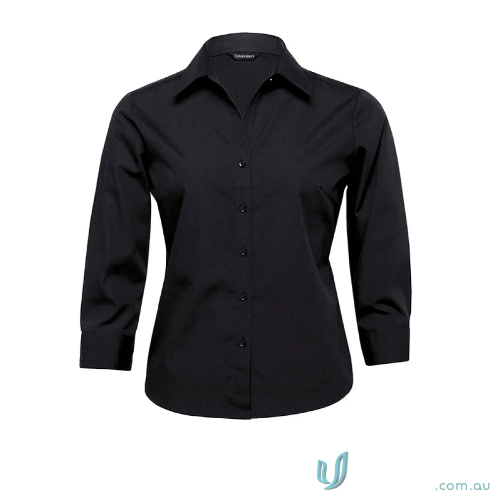 Black three-quarter sleeve button-down shirt perfect for workwear and uniforms
