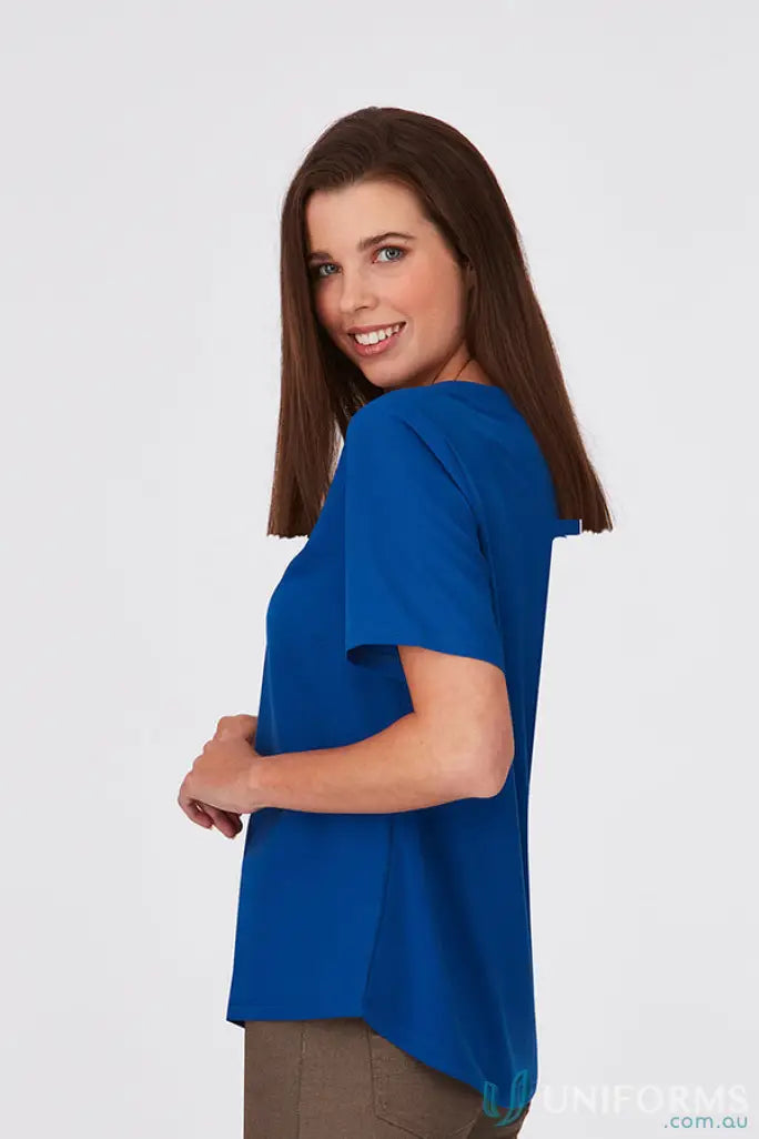Woman in blue woven short sleeve from City Collection Knit for a casual look