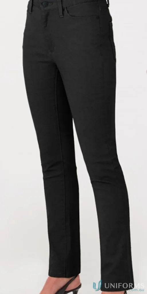 Women’s black slim-fit dress pants with elastic waist and slight flare at ankle for perfect fit