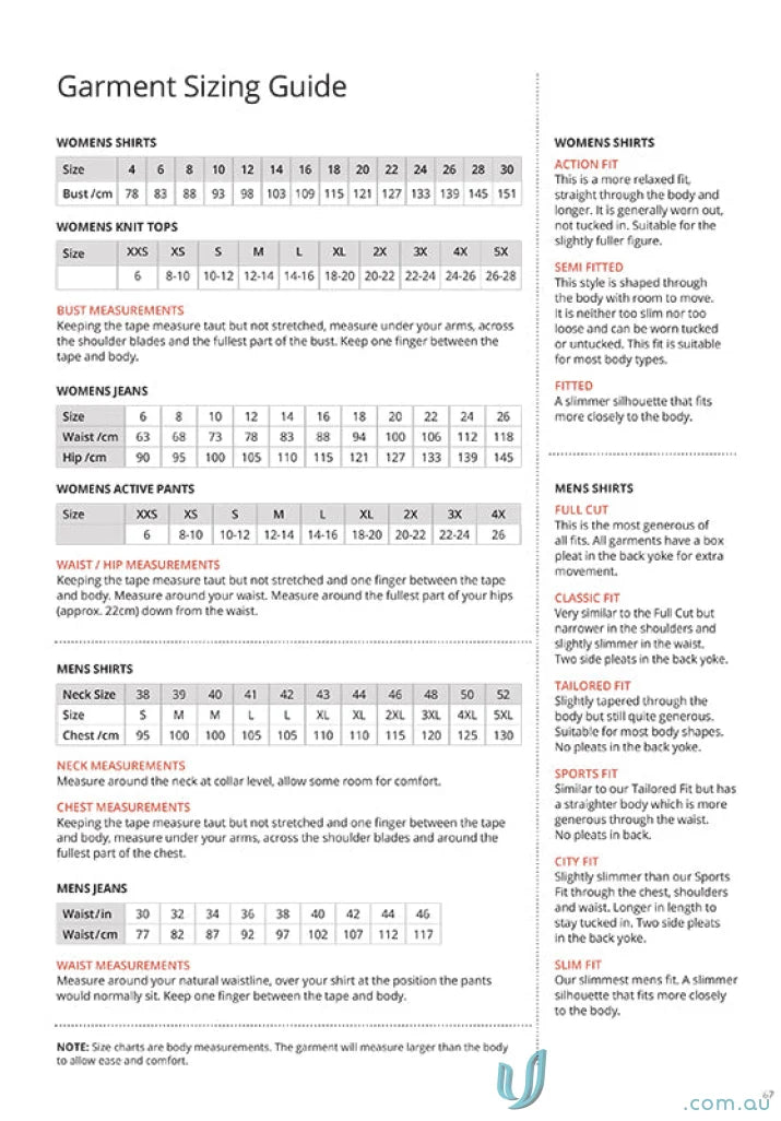 Garment sizing guide with measurements for Men’s R Jean from City Collection, perfect fit