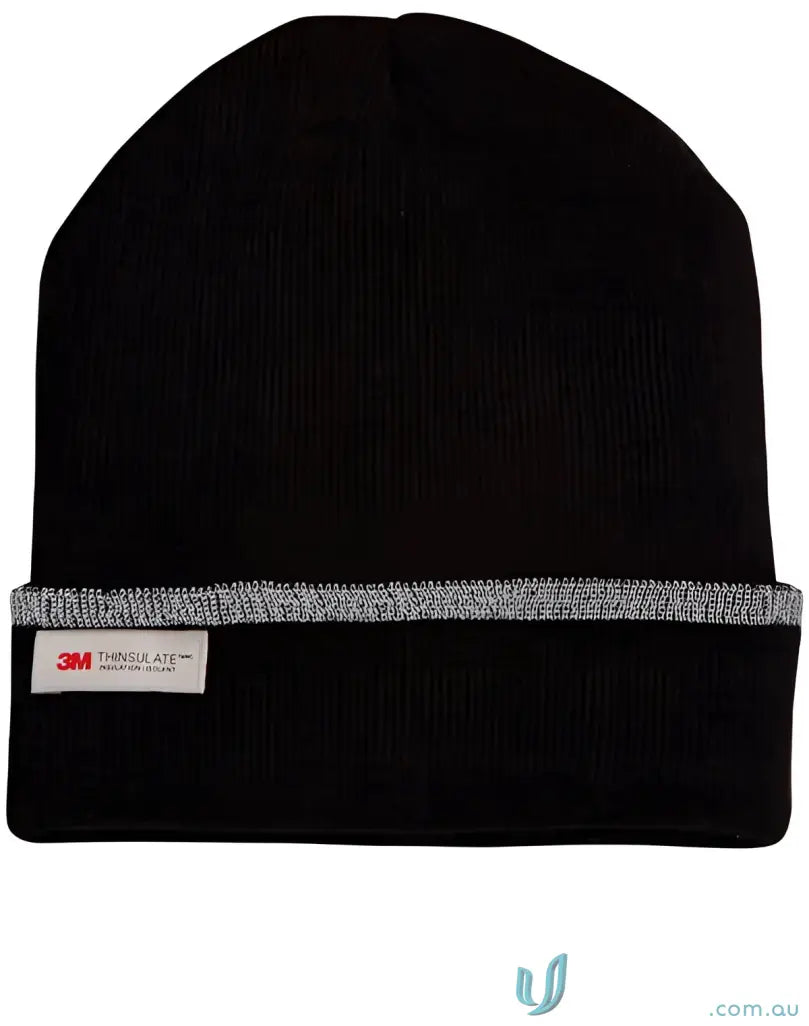 Black knit Thinsulated Cuff Beanie with gray trim and reflective stripe for winning spirit