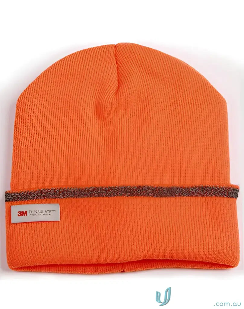 Orange knit Thinsulate™ cuff beanie with gray trim and reflective stripe for winning spirit