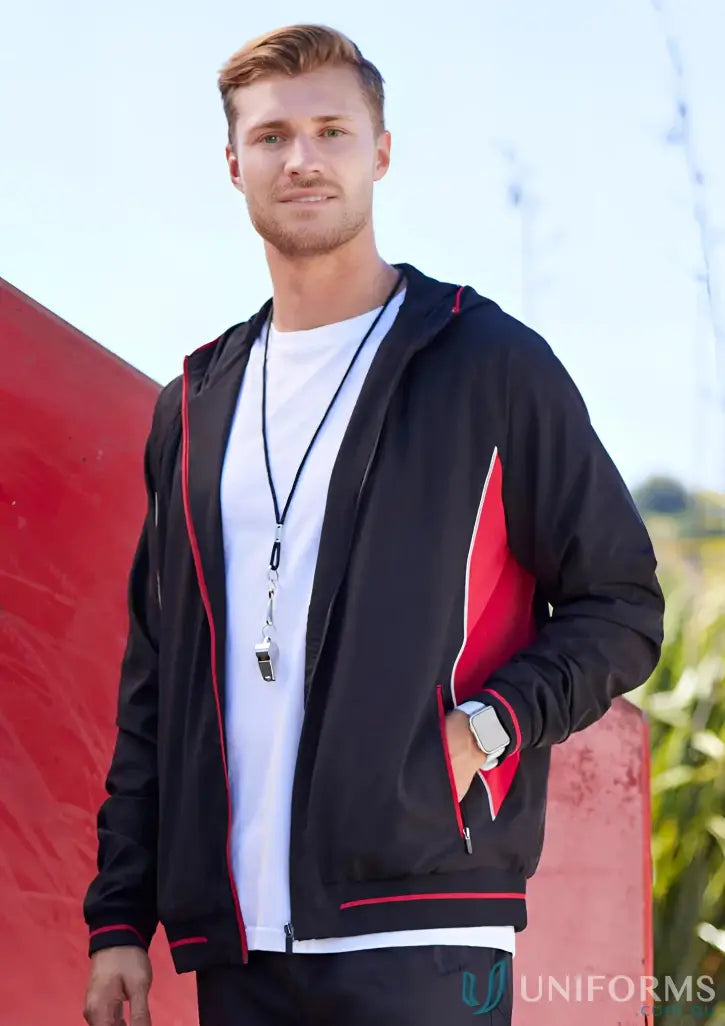 Titan Jacket J920M from Biz Collection Men’s, sleek black and red advanced active jacket with white t-shirt and whistle