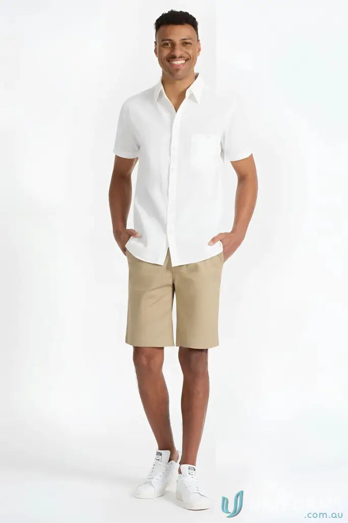 Man wearing Toby Chino Shorts in white shirt and tan shorts for a casual look