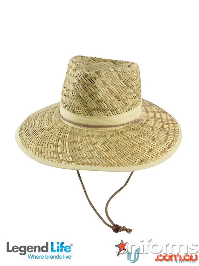Woven straw sun hat with chin strap and stylish hat band perfect for workwear or uniforms