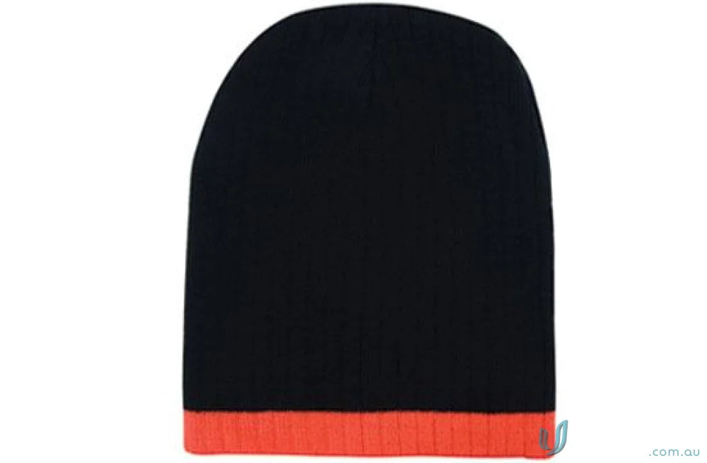 Black knit beanie with orange brim, stylish cable knit beanie for cold weather