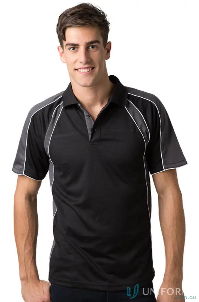 Black and gray Toucan Polo shirt with CoolDry moisture management technology for all-day comfort