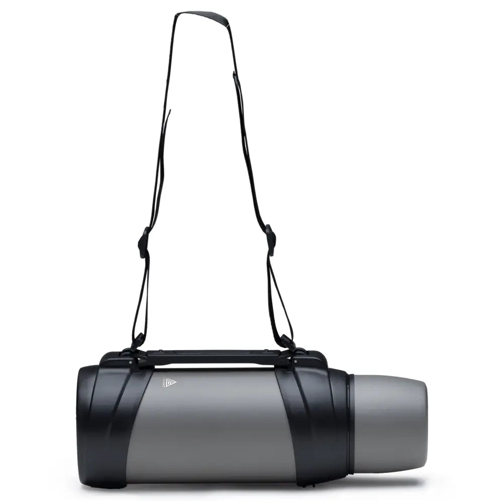 Grey black yoga mat with strap on ToughTank 2.0L bpa free flask