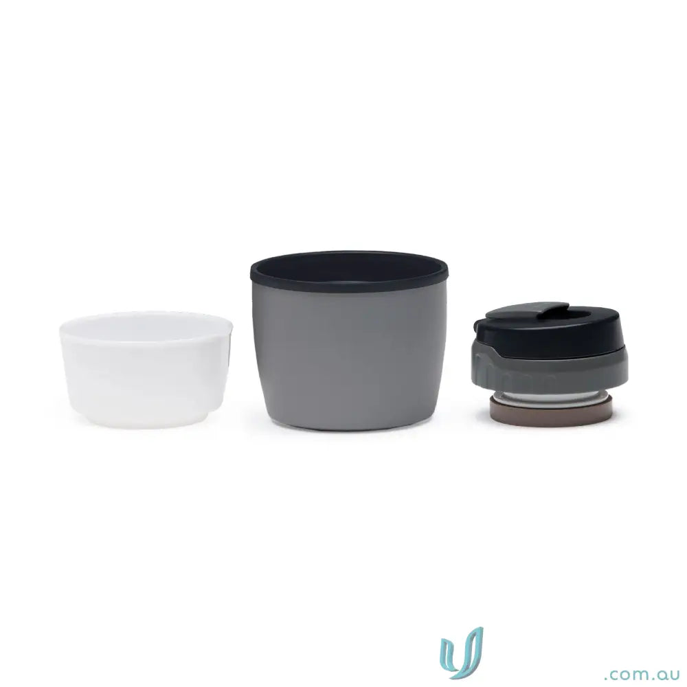 Disassembled ToughTank 2L stainless steel vacuum insulated flask with black lid and detachable shoulder strap