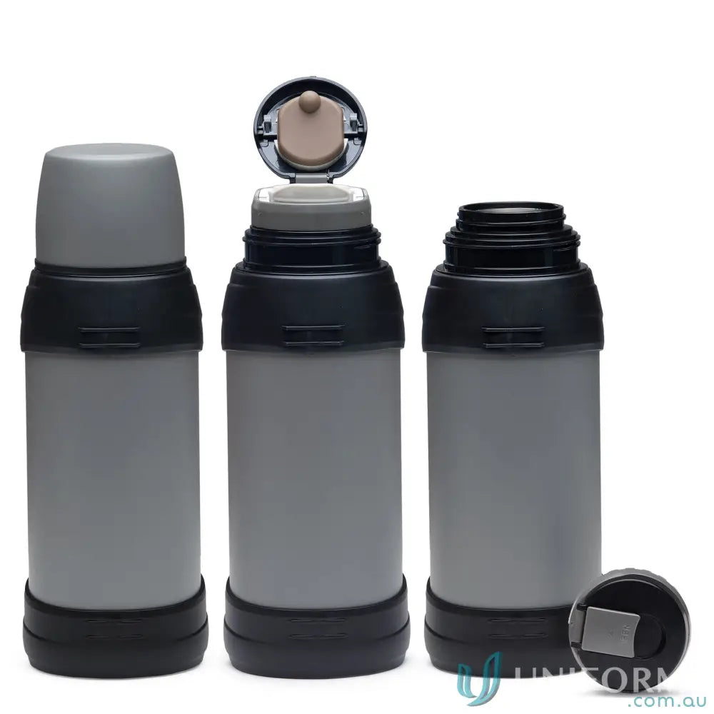 Three gray and black stainless steel ToughTank 2L vacuum flasks with detachable shoulder strap