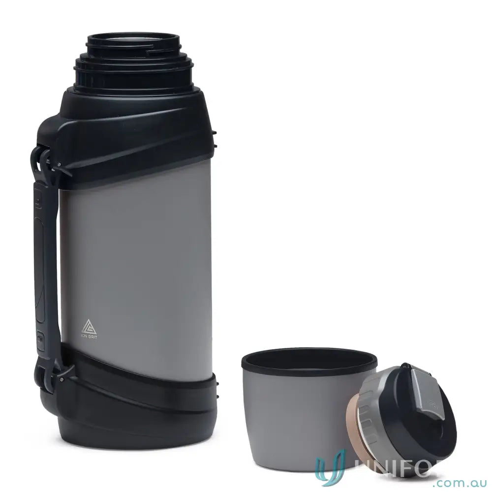 Gray and black stainless steel ToughTank 2L vacuum insulated flask with detachable shoulder strap