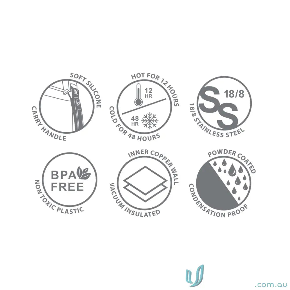 Product feature icons for ToughTank 2L stainless steel vacuum flask with detachable shoulder strap