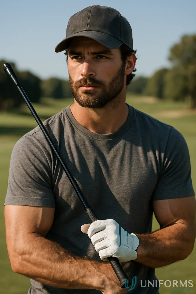 Muscular man in grey T-shirt and spirit traditional cap holding golf club