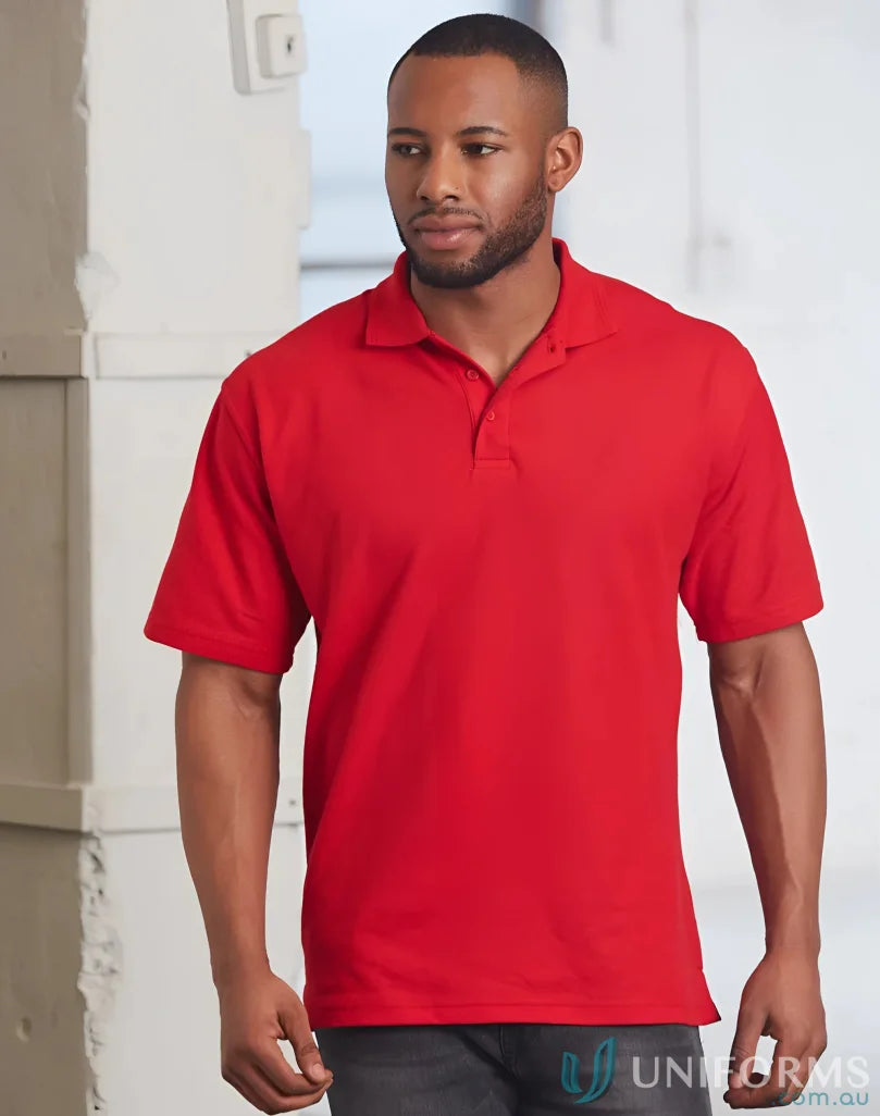 Red short-sleeved polo shirt from PS11 Traditional for unmatched comfort, poly cotton pique