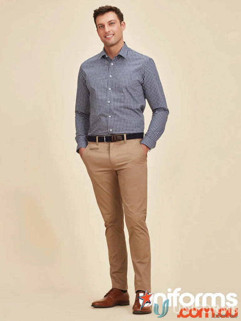 Man in checkered shirt and khaki pants wearing Mens Traveller Tapered Stretch Chino RGP263M