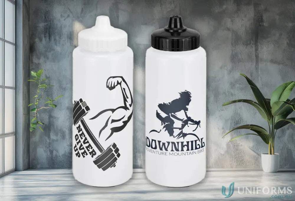 Two Trek 1L polyethylene bottles with jet stream caps, great for trek bottles merchandise sales