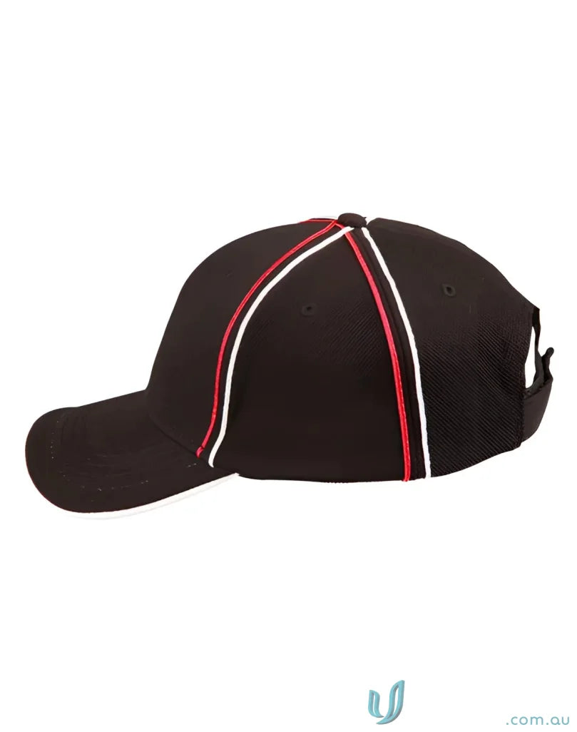 Black Tri-Colour Pique Mesh Cap with red and white stripes for stylish mesh cap wear
