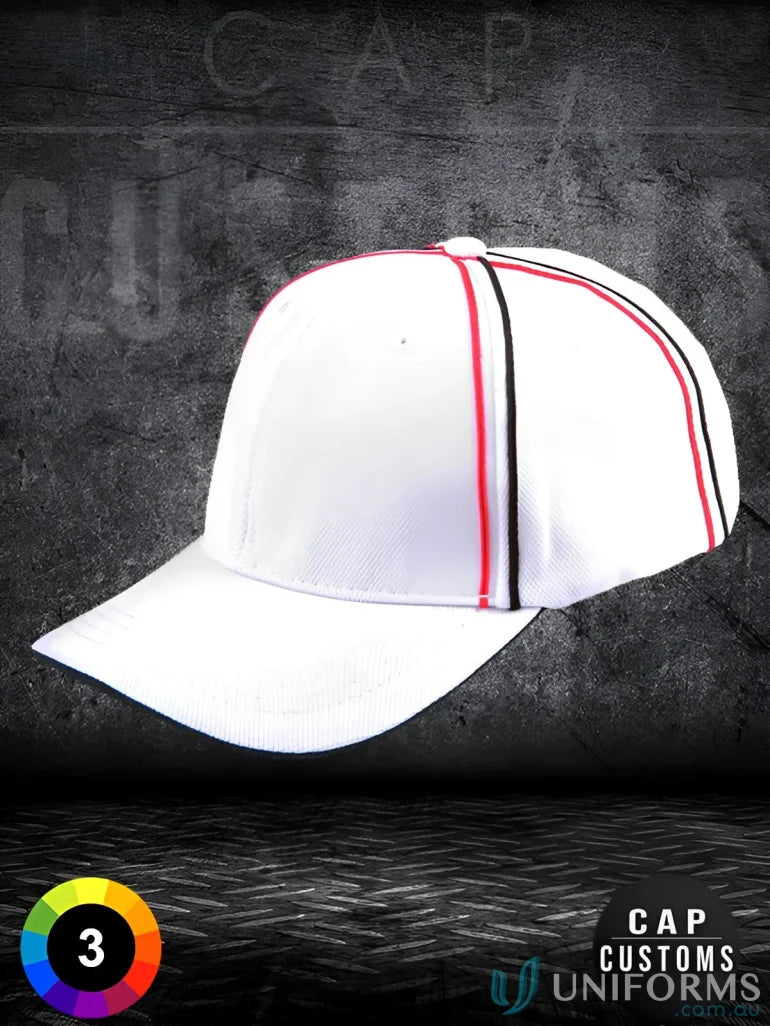 White pique mesh cap with red and black stripes, stylish mesh cap for casual looks