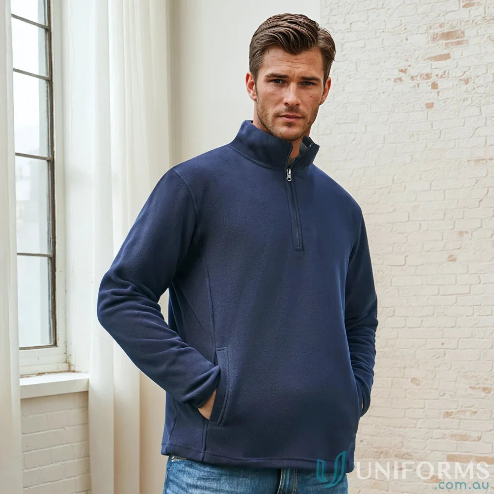 Dark blue Trinity Half Zip fleece with concealed pockets from Biz Collection Trinity