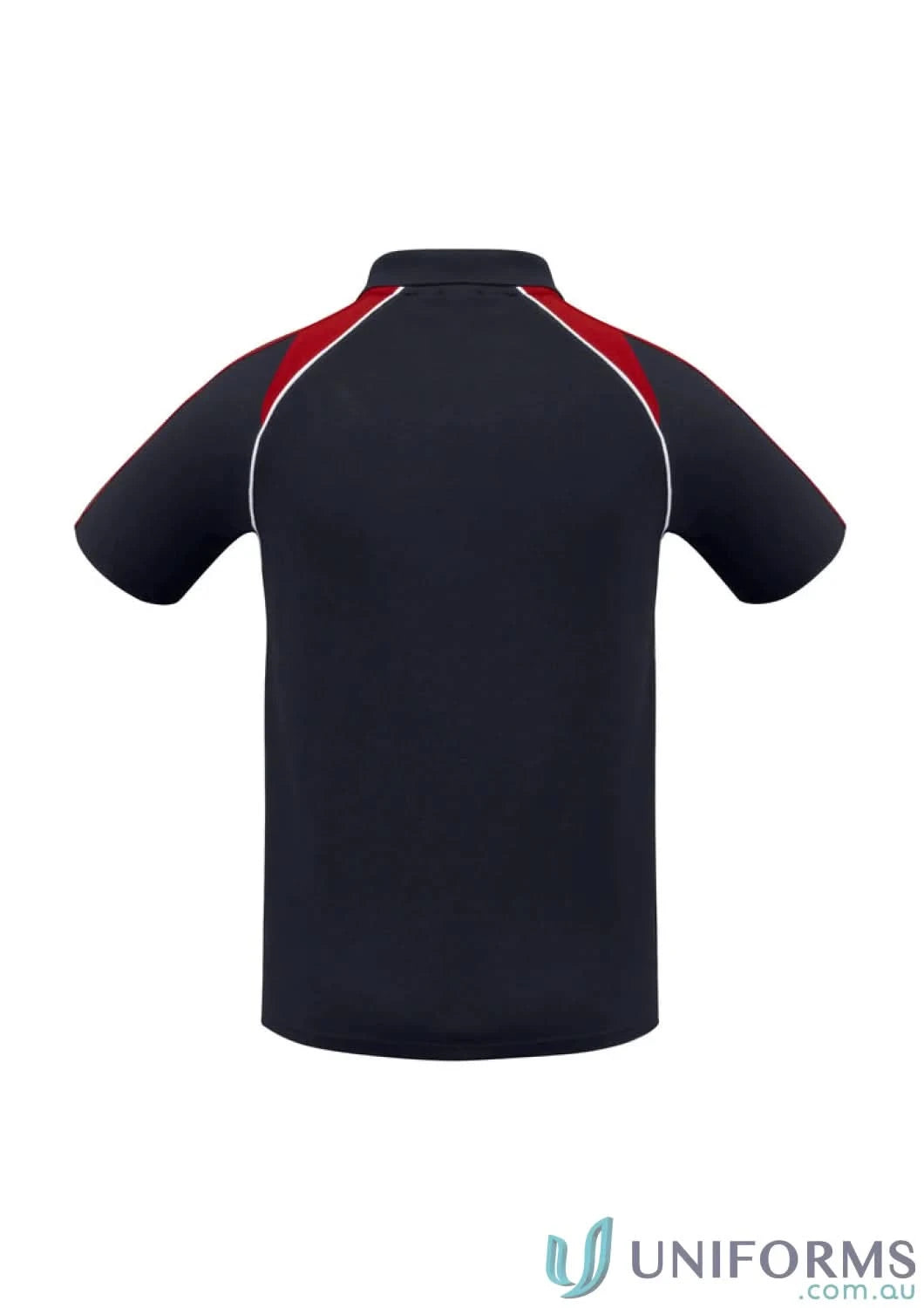 Dark gray Triton Polo Short Sleeve with red contrast shoulder panels and white piping