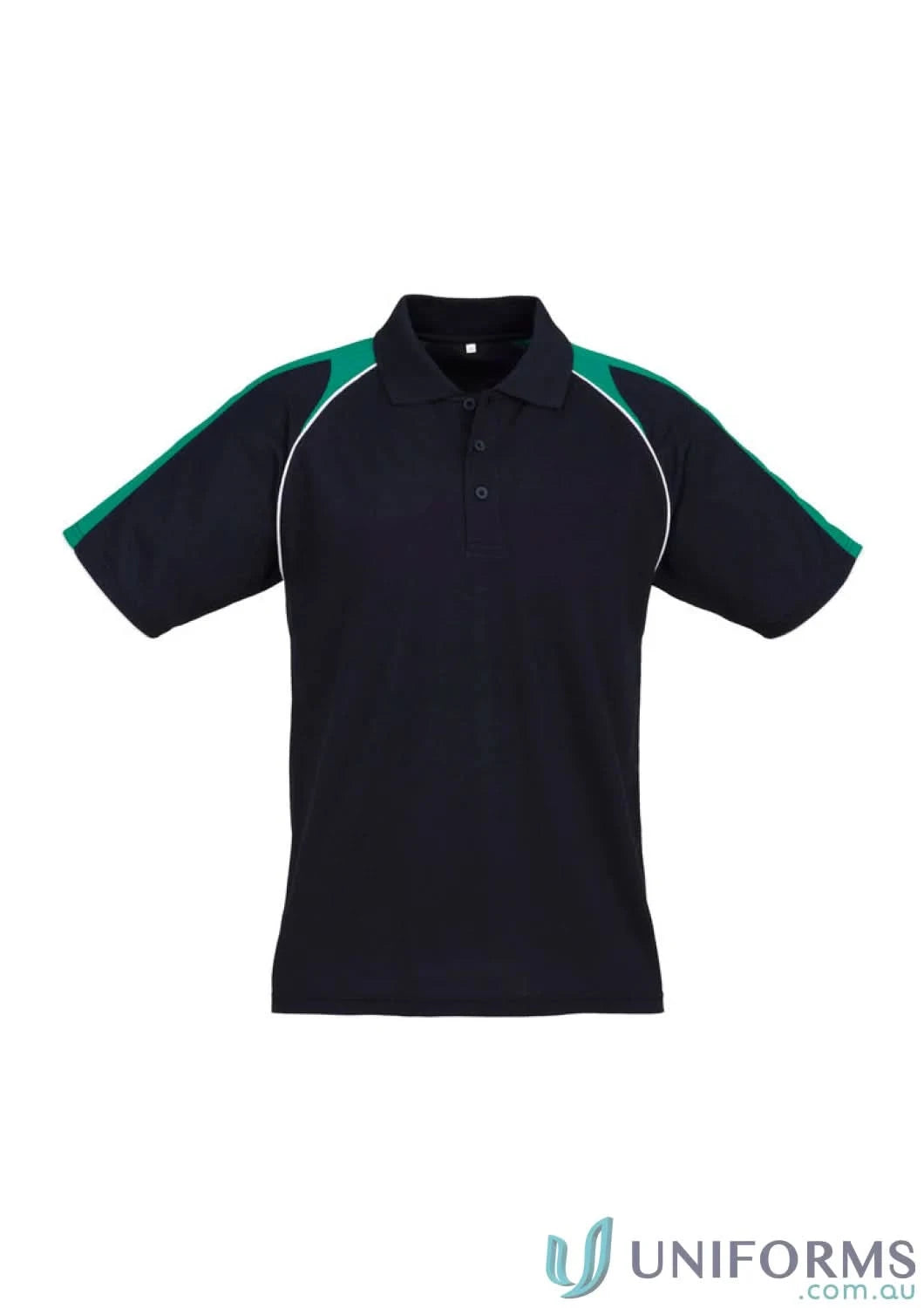 Navy blue P225MS mens Triton Polo short sleeve with green and white contrast shoulder panels