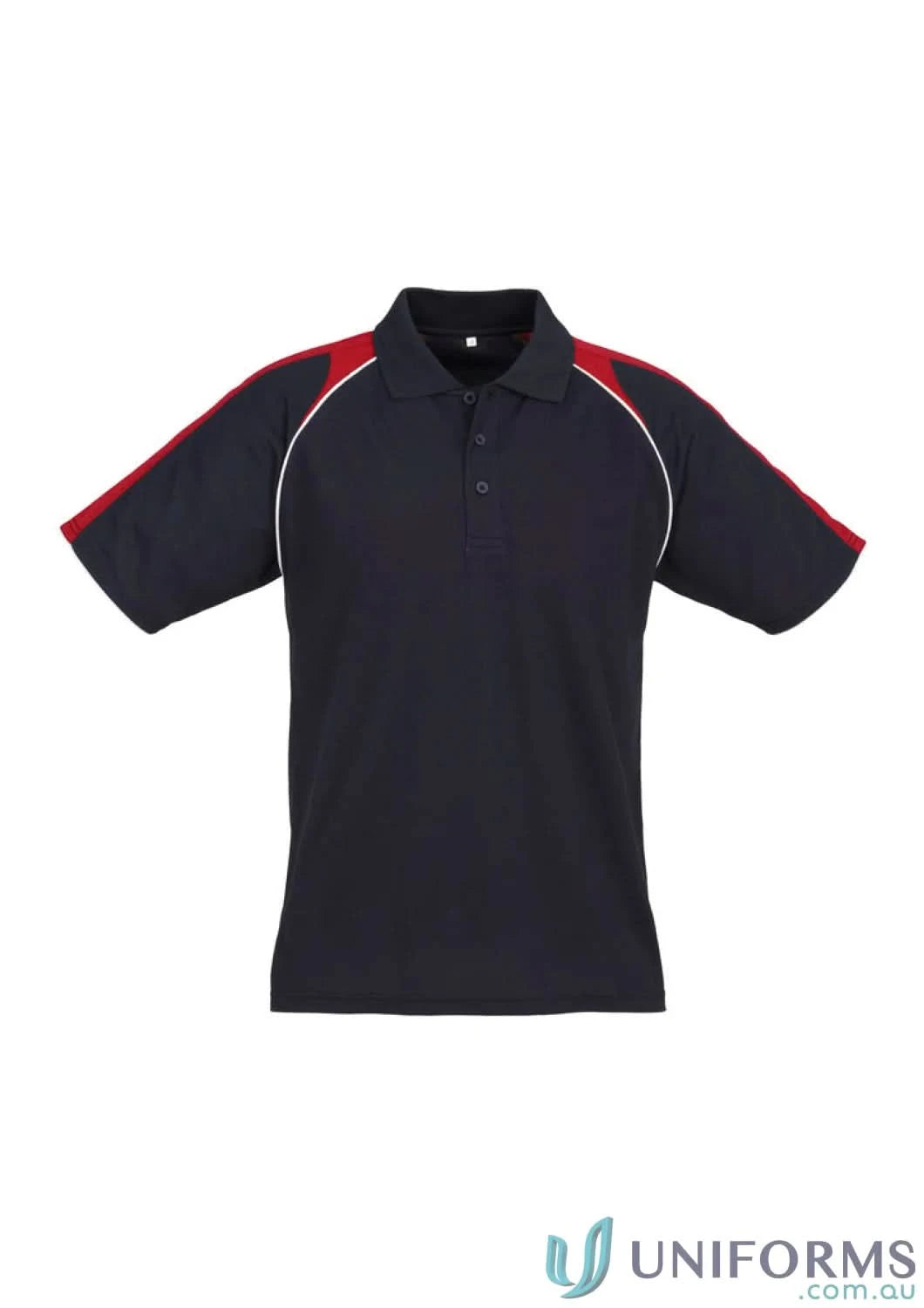 P225MS mens Triton Polo short sleeve with dark blue and red contrast shoulder panels