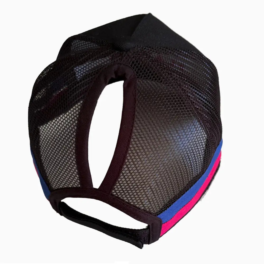 Black mesh trucker ponytail cap with blue and pink striped brim perfect for uniforms and workwear use