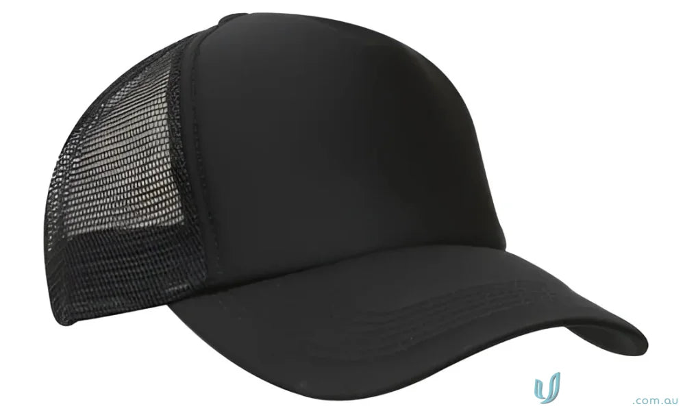 Black mesh-back trucker hat from Truckers Mesh Cap, perfect for workwear and uniforms