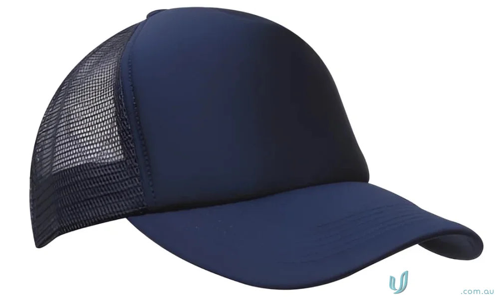 Navy blue trucker hat from Truckers Mesh Cap, perfect for uniforms or workwear, FAQ link included