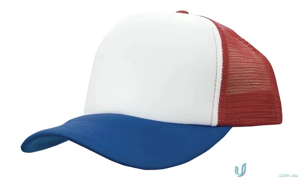 Red, white, and blue trucker hat from Truckers Mesh Cap, perfect for uniforms or workwear