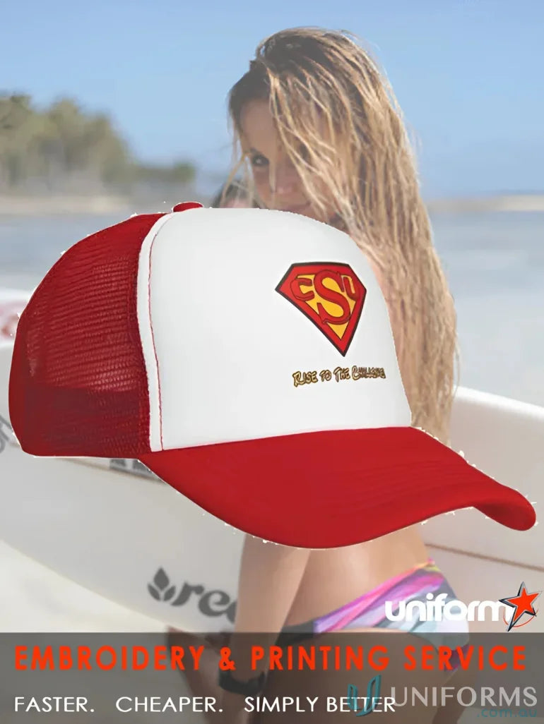 Red and white truckers mesh cap, great for workwear or uniforms FAQ link browsing