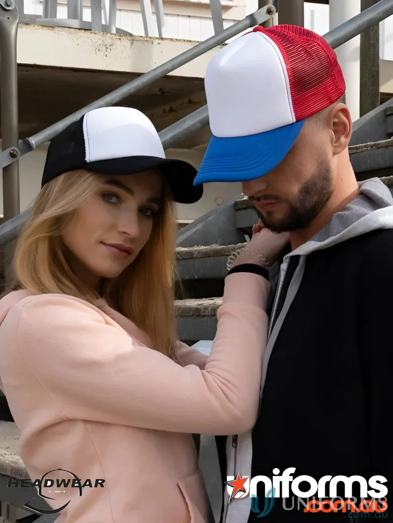 Two-tone trucker hats from the Truckers Mesh Cap collection, perfect for uniforms and workwear FAQs link inside