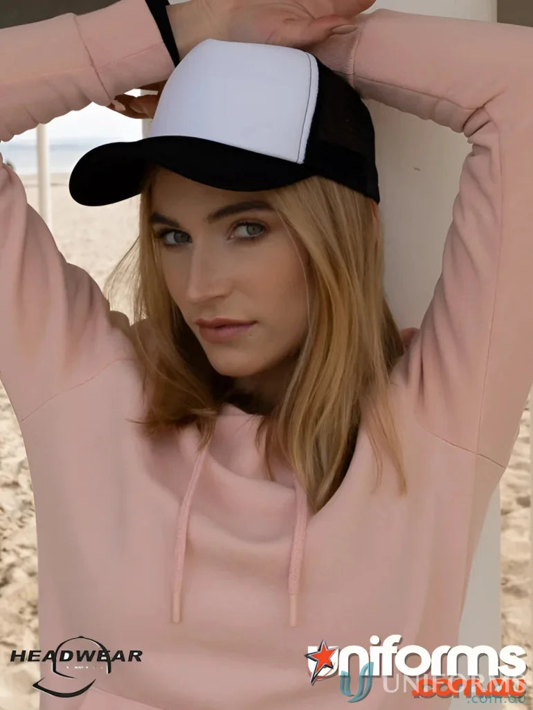 Black and white trucker hat from Truckers Mesh Cap, perfect for workwear or uniforms