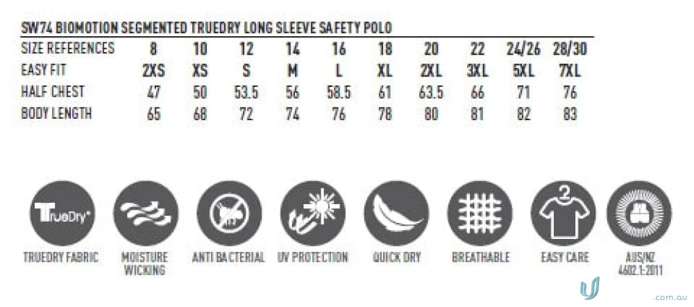Clothing size chart and fabric properties for Truedry Biomotion Segmented LS Safety Polo