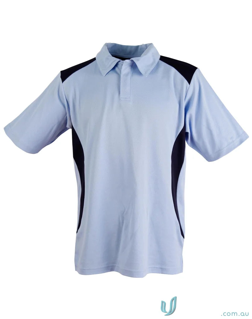 Light blue Winning Spirit TrueDry Winner Polo with black accents, perfect short sleeve polo