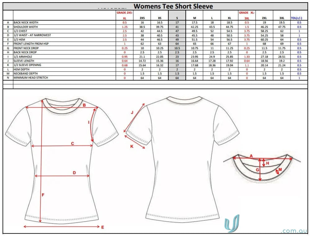Women’s tee short sleeve sizing chart for TS110 Custom T-Shirt made with sublimated garments brings sporty comfort