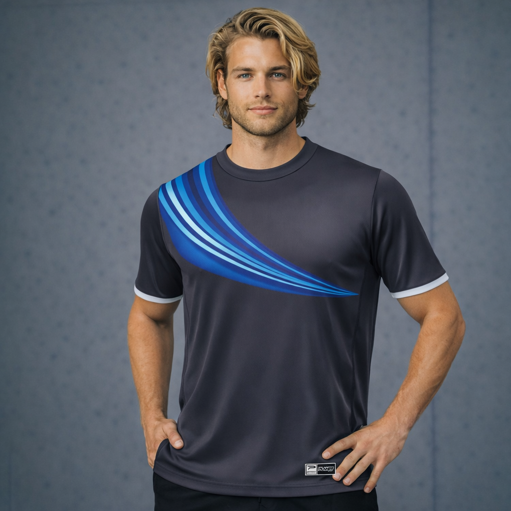 TS119 custom t-shirt in dark gray with blue stripes, sublimated sports fabric