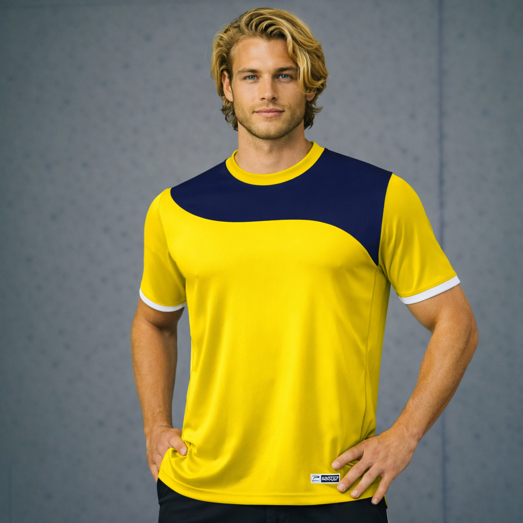 TS126 yellow navy jersey with white trim, custom sublimated sports fabric garment