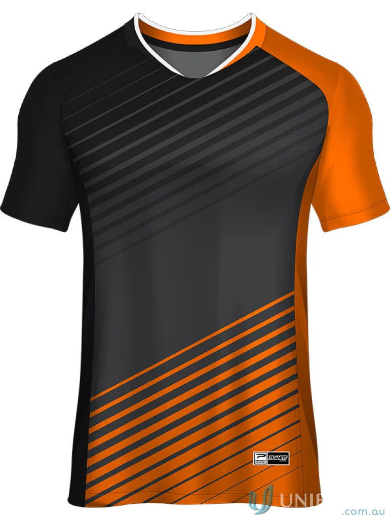 Black and orange athletic shirt in TS127 Custom T-Shirt with custom made sublimated sports fabric
