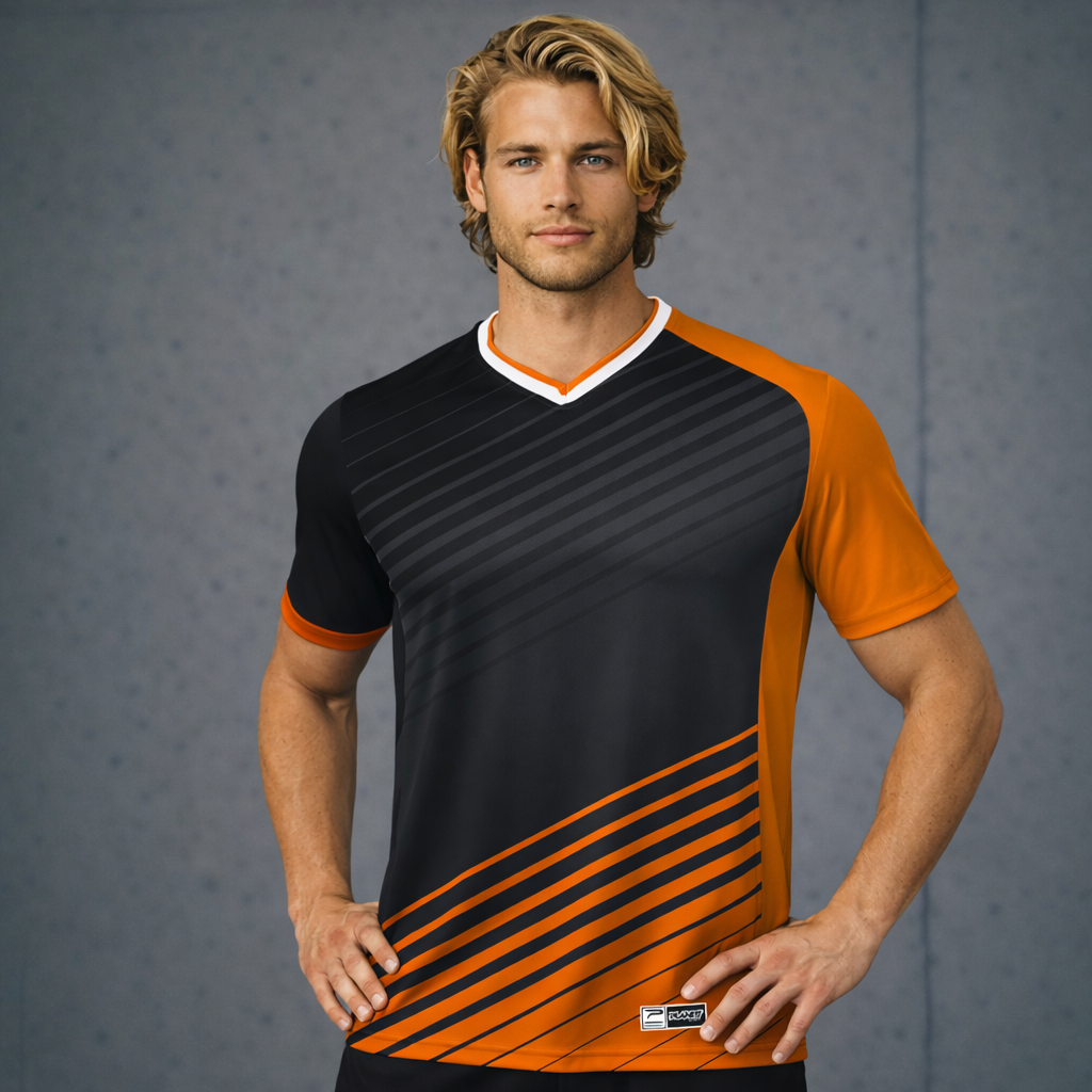 TS127 custom made sublimated black orange jersey in sports fabric