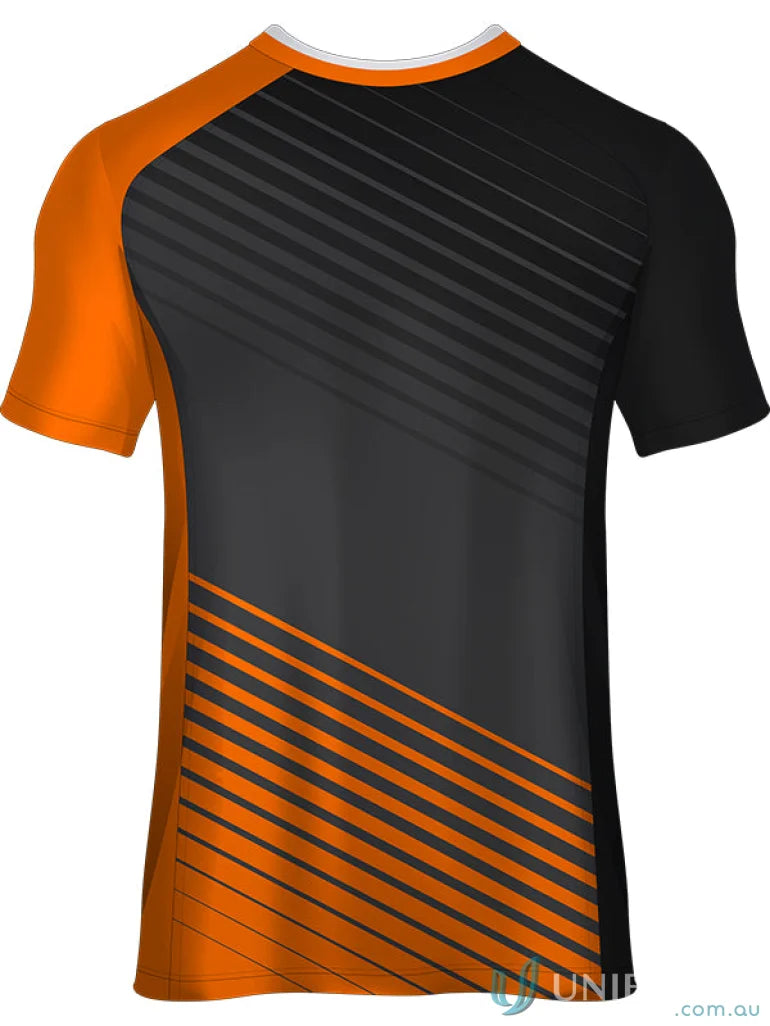 Orange and black striped T-shirt from TS127 custom made sublimated sports fabric