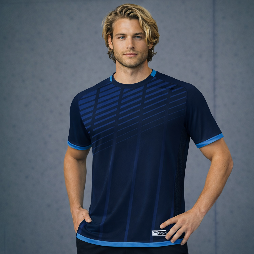 TS131 custom made sublimated navy blue athletic shirt with stripes