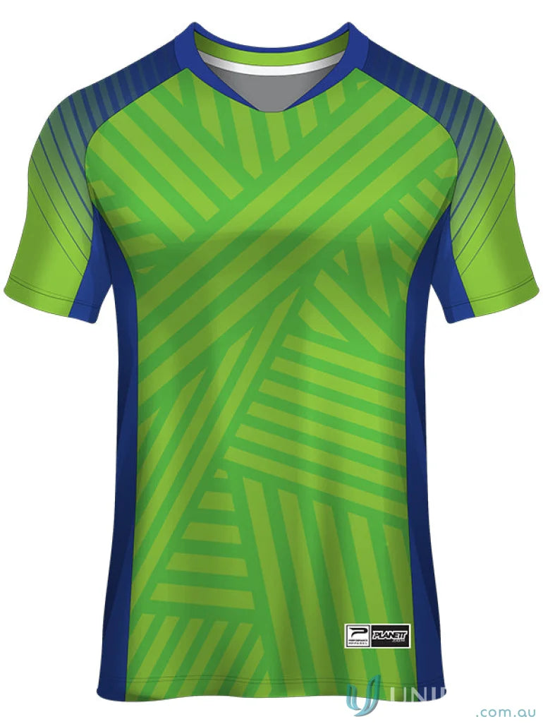 Green and blue patterned athletic shirt in TS132 custom made sublimated sports fabric