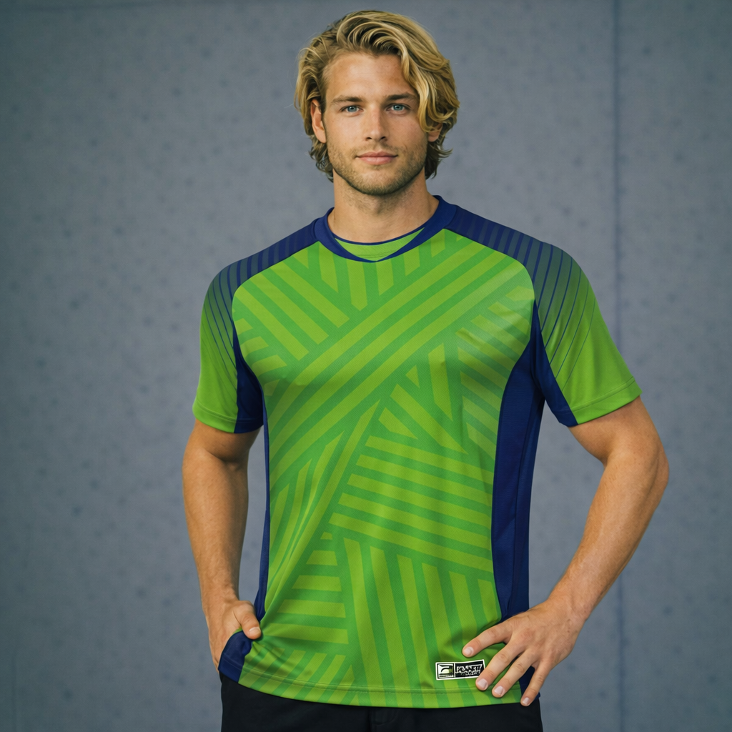 TS132 custom made sublimated lime green navy athletic shirt