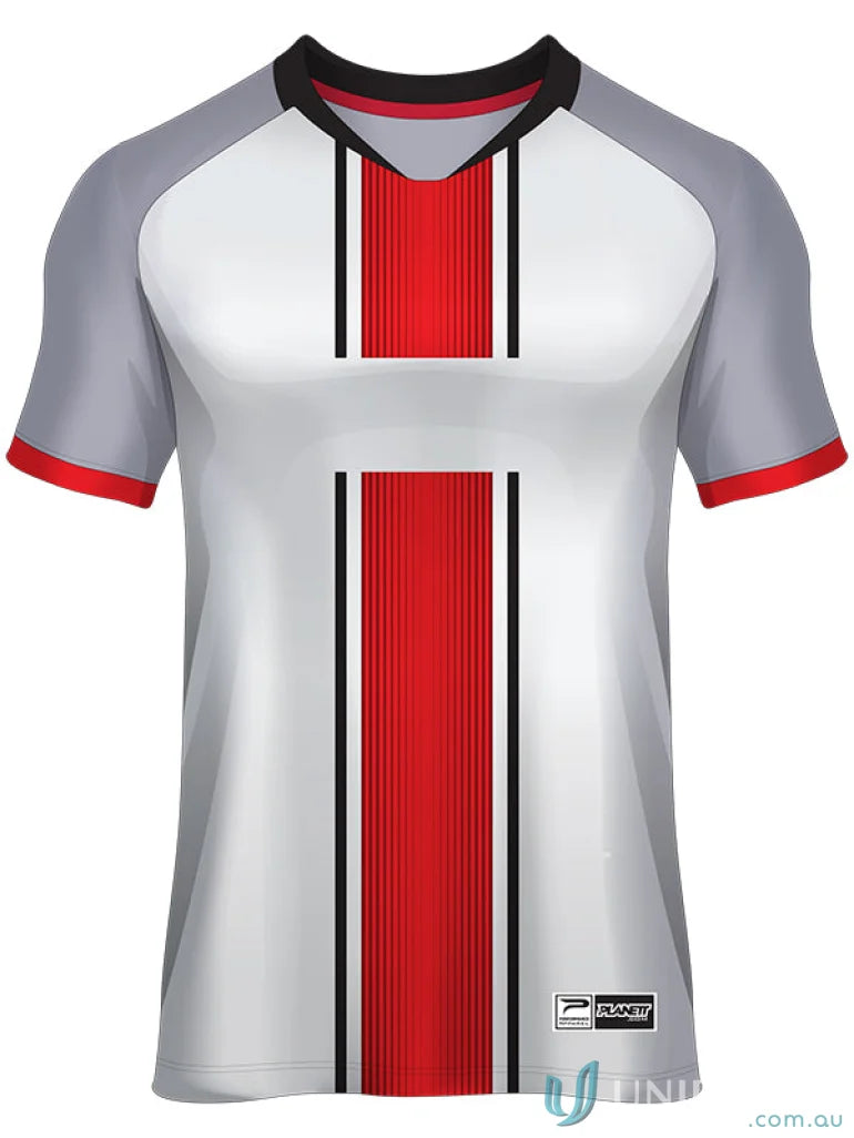 Gray and white custom made sublimated soccer jersey with red accents on sports fabric