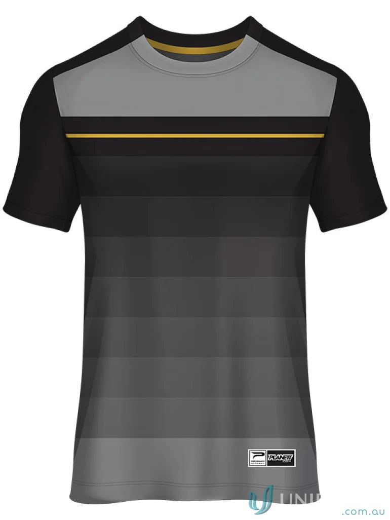 Gray and black striped T-Shirt made with custom made sublimated sports fabric