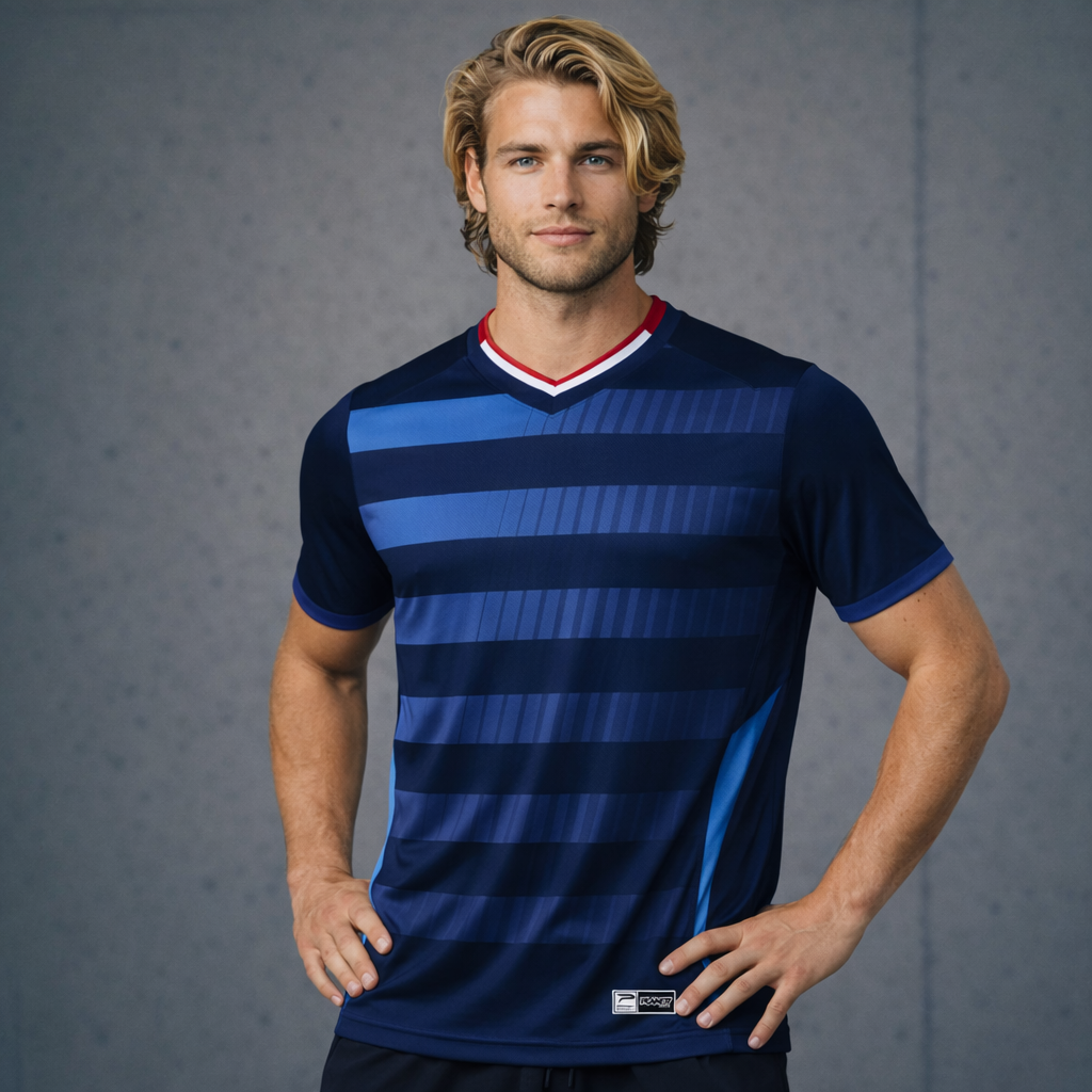 TS135 navy blue custom made sublimated soccer jersey with stripes