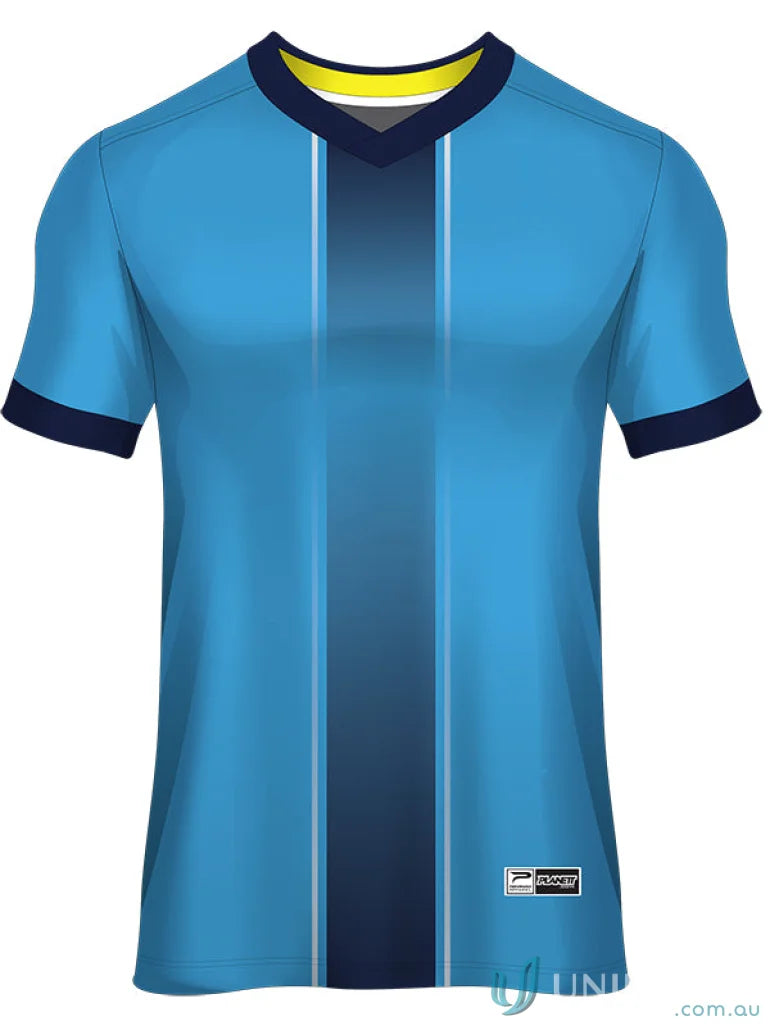 Blue and navy soccer jersey made with sublimated sports fabric for custom made garments
