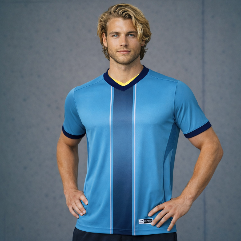 TS137 light blue custom made sublimated jersey with navy trim, sports fabric