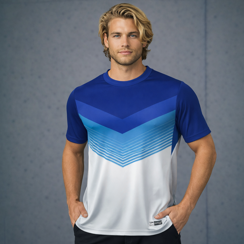 TS138 custom made sublimated t-shirt in blue white gradient chevron on sports fabric